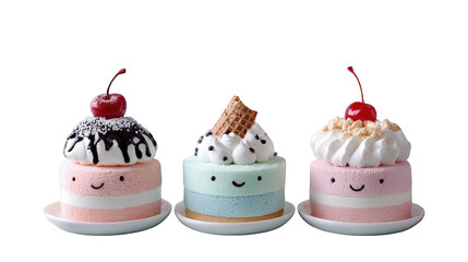 Three colorful, smiling cakes with toppings on plates, set against a plain background
