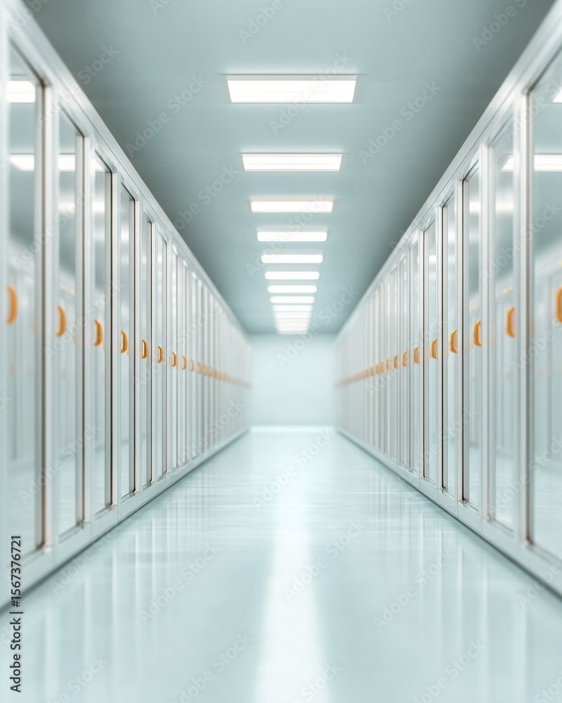 Fototapete Modern Data Center Cooling Aisle with Parallel Server Rows, Reflective Surfaces and Glowing Indicators for IT Infrastructure and Digital Connectivity