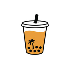 Boba tea cup with palm tree and tapioca pearls drink