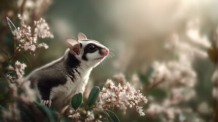 Fototapeta premium A sugar glider perches amongst delicate pink blossoms and green leaves with a soft bokeh background