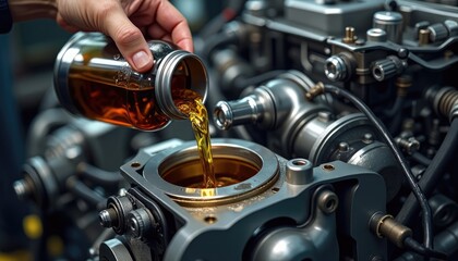 Close-up of a hand pouring oil into an engine.