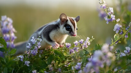 Sugar glider perched amidst delicate purple wildflowers in soft natural light
