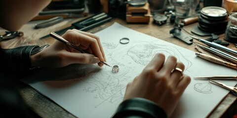 A jewelry maker designing a custom ring in a workshop, tools spread across the table