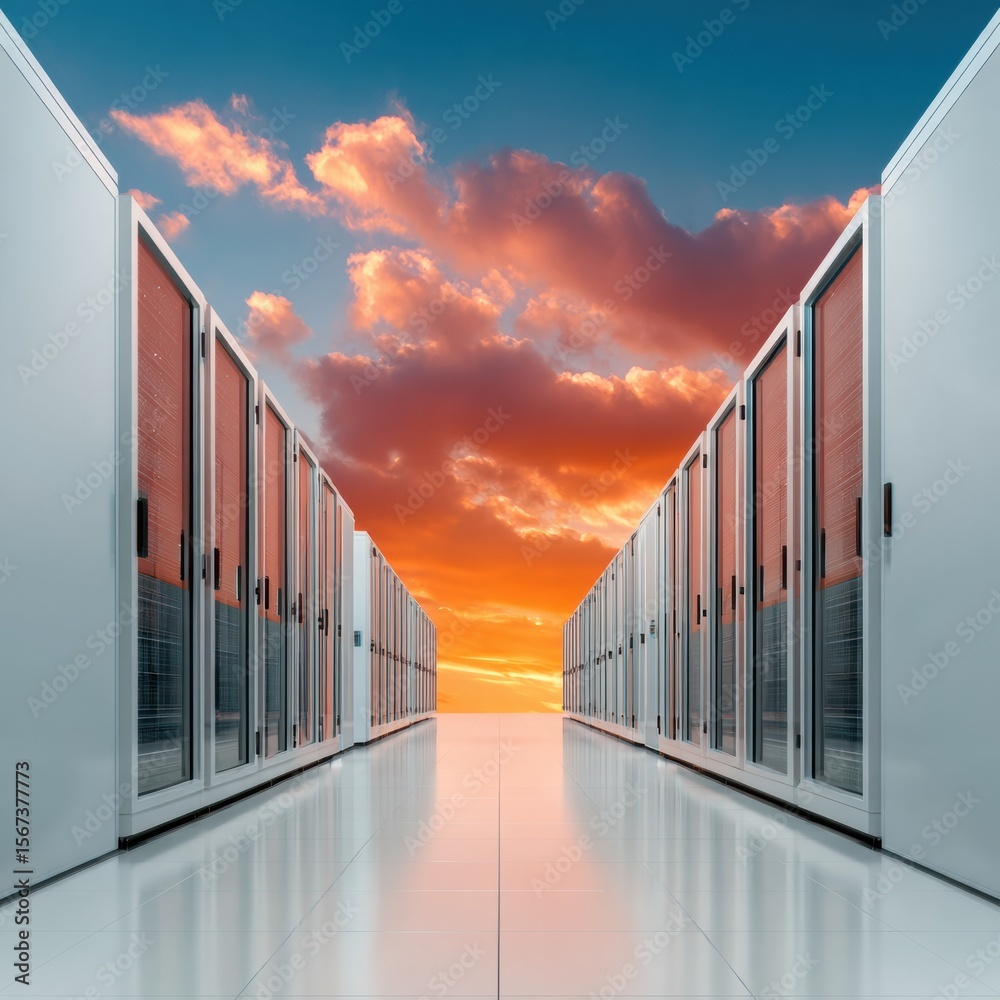Poster Modern Premium Data Center Server Room with Advanced Cabinets and Reflective Floors Inspiring Tech Infrastructure for Business Marketing Content