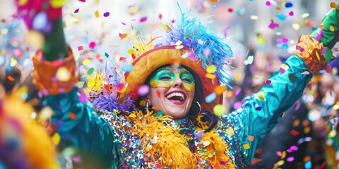A joyful carnival with confetti, bright costumes, and enthusiastic participants
