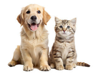 Cute golden retriever puppy and tabby kitten sitting together isolated on white background