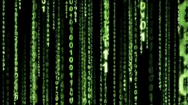 Green matrix code with binary numbers falling on a black background