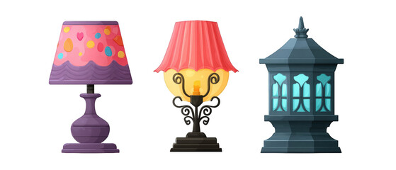 Three decorative lamps in various styles, showcasing vibrant colors and designs