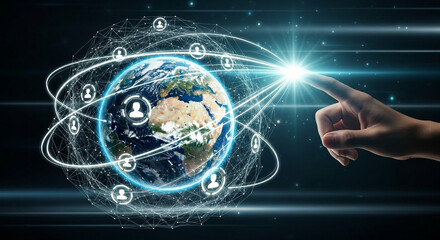 A hand points towards a digital representation of Earth, connected by a network of people icons, suggesting global interconnectedness and technology.