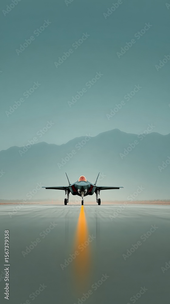 Poster High-Quality Stealth Fighter Jet F-35 Lightning II Accelerating on Runway Modern Military Power Symbol for Professional Air Force Marketing and Editorial Use