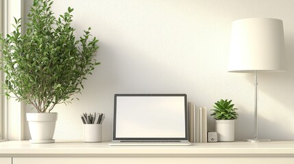 Fototapeta premium Desk with laptop, plants, lamp; minimalist scene