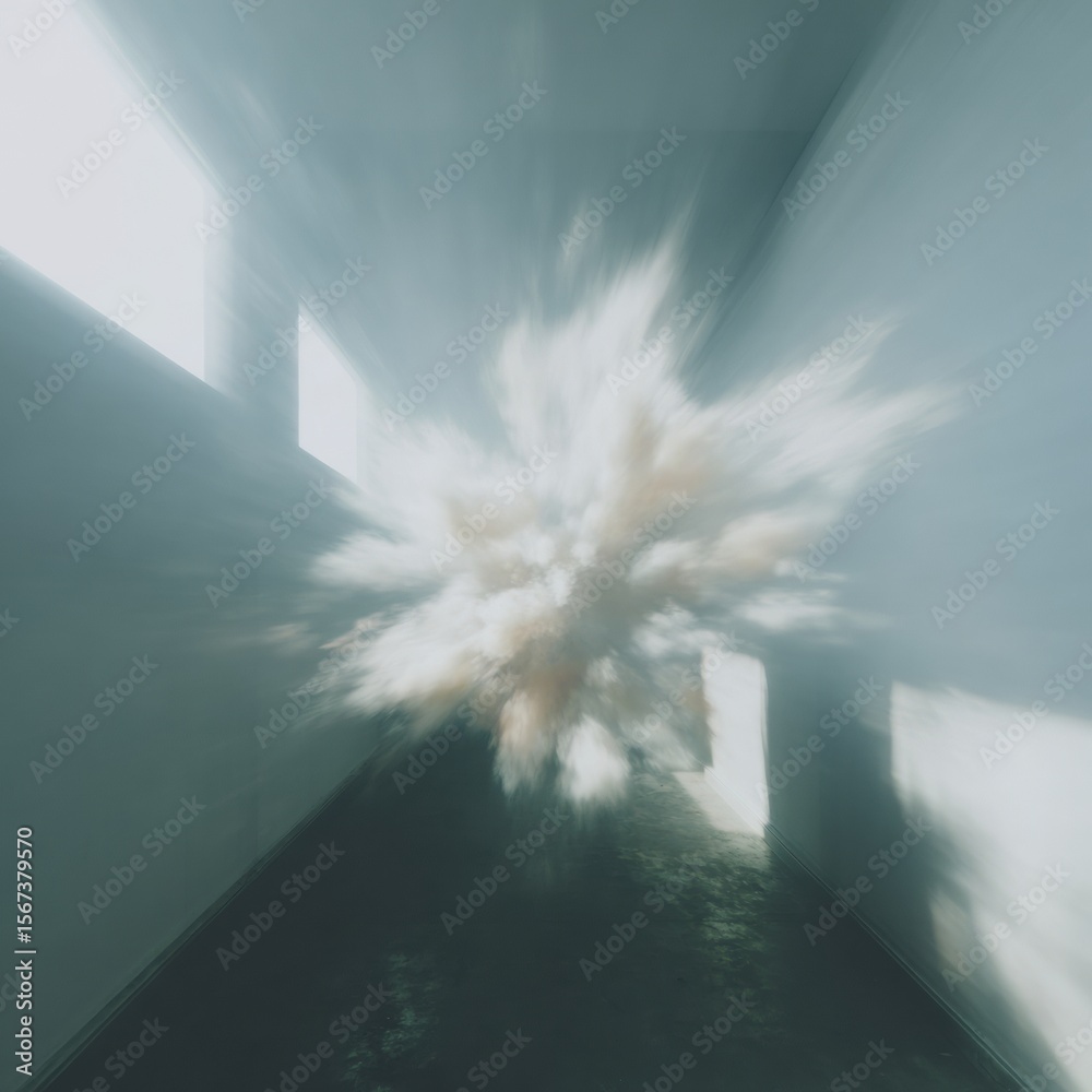 Poster abstract blurred cloud explosion in minimalist industrial gallery space with natural light beams for