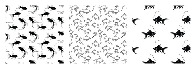 Naklejka premium Silhouette vector seamless goldfish pattern in detailed hand-drawn style with curve and ornamental fins