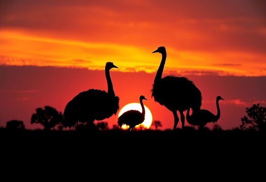 Silhouette of emu family and two ostriches at sunset in Australian outback with acacia trees, sky, Australia Day - Powered by Adobe