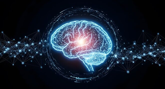 Glowing AI Brain with Network Connections &ndash; Conceptual Digital Art of Artificial Intelligence