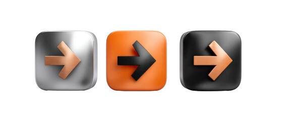 Three distinct arrow icons in metallic, orange, and black styles on a transparent background, ideal for digital design