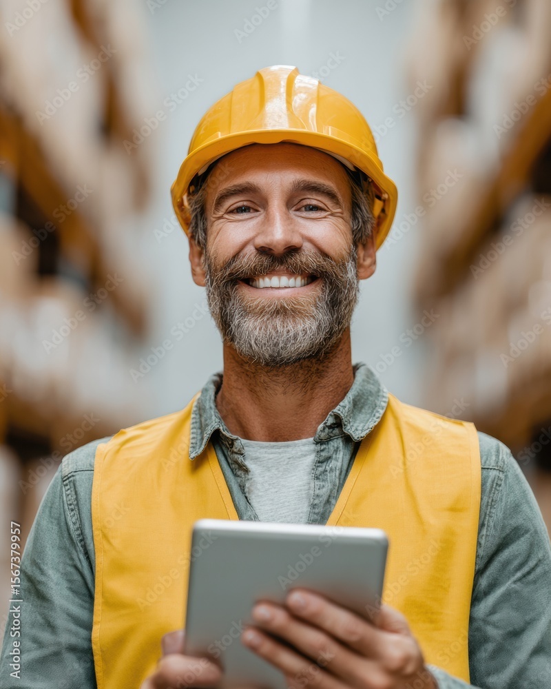 Aufkleber Smiling Warehouse Worker in Safety Vest Managing Inventory with Tablet in Modern Distribution Center - Efficient Logistics and Supply Chain Coordination