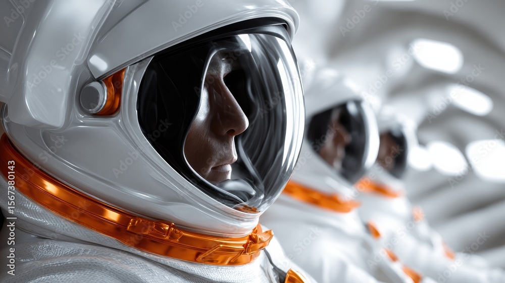 Poster Professional Astronaut Crew Inside Spaceship Wearing High-Quality Spacesuits Modern Teamwork and Leadership for Tech Marketing and Corporate Content