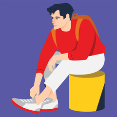 Young Male College Student Sitting and Tying Shoes Illustration