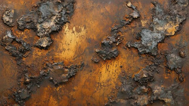Abstract rusty metal texture with dark and orange hues, showing a rough and uneven surface.