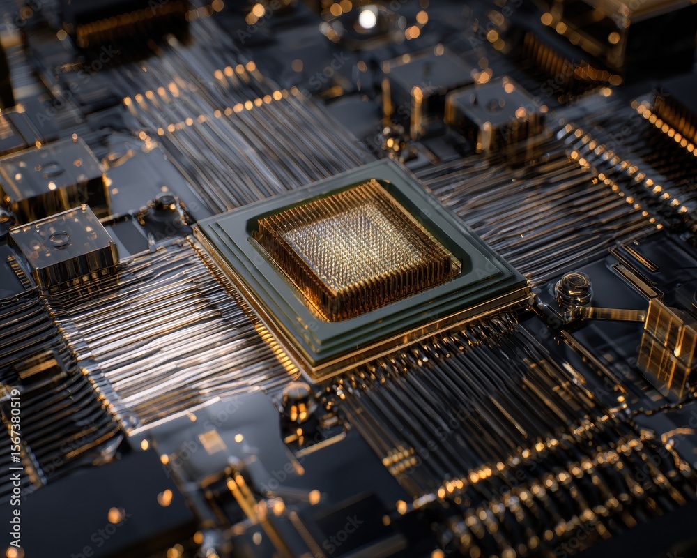 Poster Quantum optimization chip on advanced circuit board showcasing futuristic AI processor design with golden pathways for next-gen computing technology