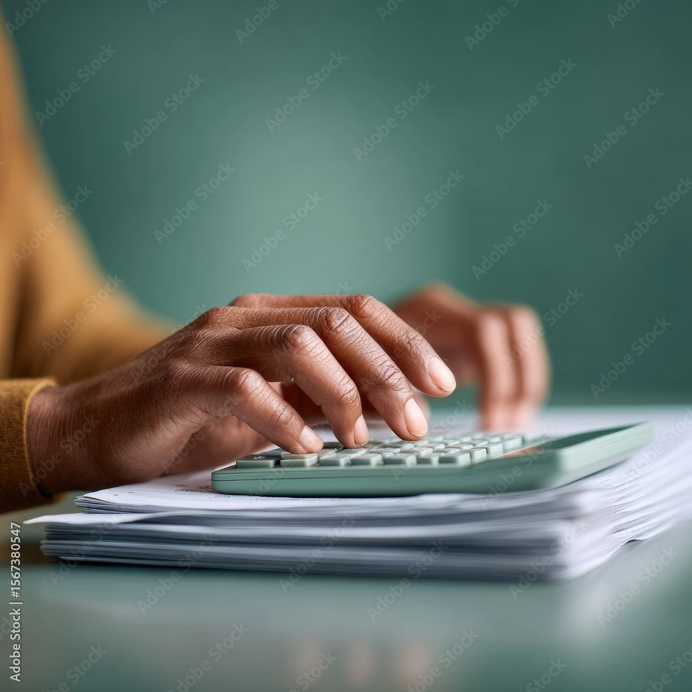 Poster professional payroll accountant hands using calculator for accurate tax and financial paperwork revi
