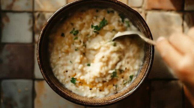 Creamy Rice Porridge Stirring: Overhead Shot of Delicious Breakfast Bowl