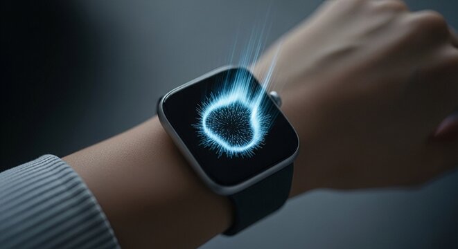 Smartwatch displays futuristic abstract digital interface on a user's wrist representing wearable technology.