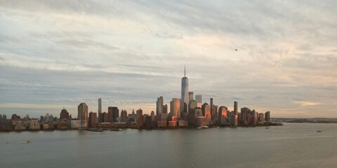 Fototapeta premium New York City skyline. Manhattan Skyscrapers in NYC, aerial panorama view from Hudson Piver.