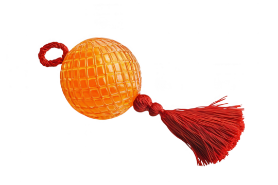 Artistic render of an illuminated sphere with red tassel against a dark black background