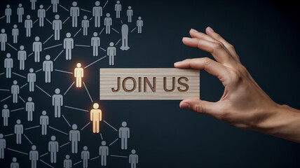 A modern recruitment image shows a hand holding a JOIN US block amid glowing gray human icons on a dark web-like network