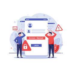 Access Denied Login Error Vector with Frustrated User and Warning Icons – Flat Design