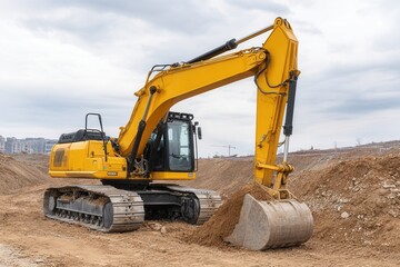 Yellow excavator in action at construction site with dirt and sky background.