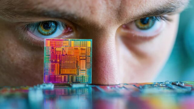 Quantum ai technology innovation with colorful microchip closeup showcasing advanced development in quantum microprocessor design