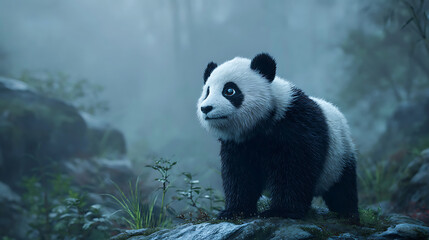 Naklejka premium A panda standing on a rocky hill surrounded by misty bamboo forest, background in soft focus, cinematic tones with focus on the panda’s curious eyes and contrasting black-and-white fur