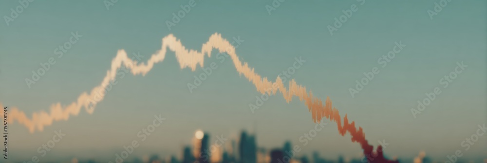 Aufkleber Dramatic Market Downturn Graph with Sharp Declining Line and Financial Indicators Over Urban Background for Economic Risk Analysis
