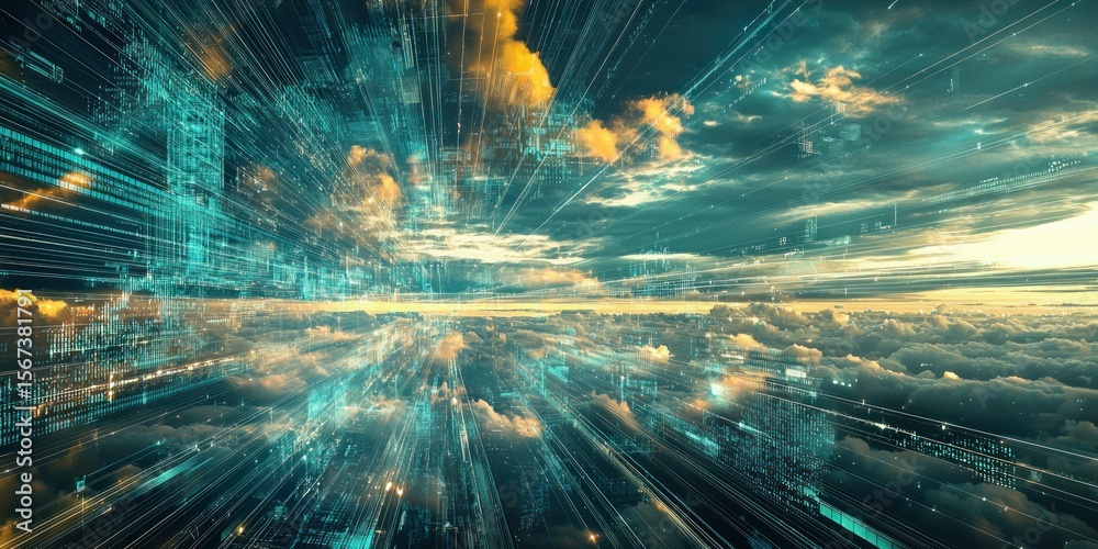 Wall mural a landscape where digital lines and static blend reality with a virtual world.