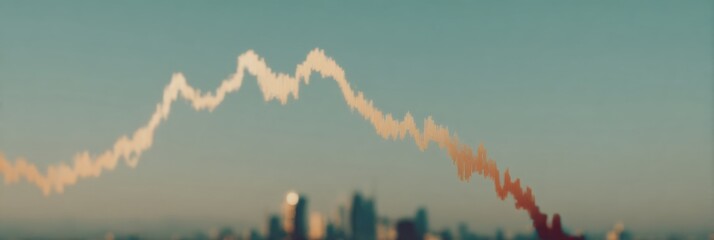 Dramatic Market Downturn Graph with Sharp Declining Line and Financial Indicators Over Urban Background for Economic Risk Analysis