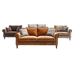 Luxurious velvet sofas in warm earth tones arranged in a modern living room setting
