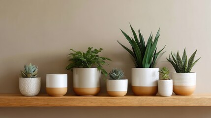 Variety of indoor succulents and plants on wooden shelf against beige wall.