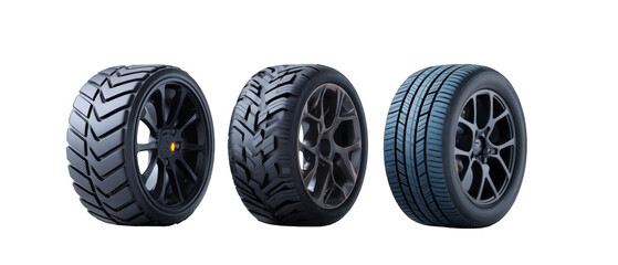 Three distinct types of car tires showcasing various tread patterns against a clean background