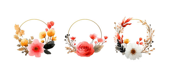 Three elegant floral wreaths featuring various colorful flowers on a transparent background