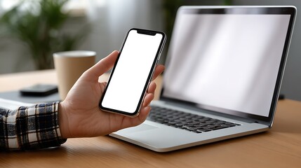 Person holding a modern smartphone with a blank white screen next to an open laptop computer on a wooden desk