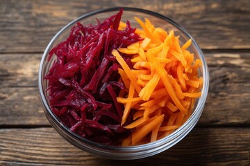 Fresh shredded beet and carrot salad in glass bowl on rustic wood background.