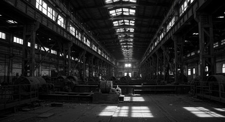 Inside Abandoned Factory Industrial Hall with Sunlight