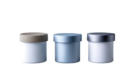 Three elegant jars with unique lids arranged on a simple background, showcasing modern design