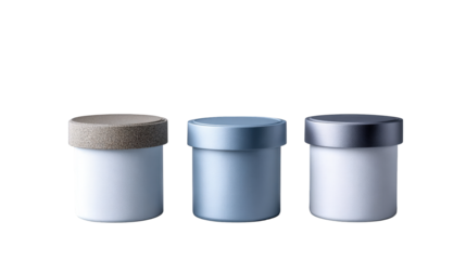 Three elegant jars with unique lids arranged on a simple background, showcasing modern design