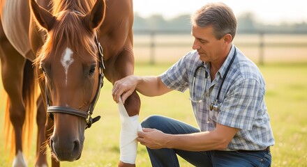 Equine Veterinarian Providing Leg Wound Care Outdoor Animal Health