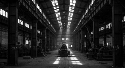 Exploring Abandoned Factory Interior with Sunlight Streaming Through Roof
