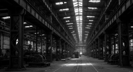 Exploring an Abandoned Factory Interior with Steel Beams